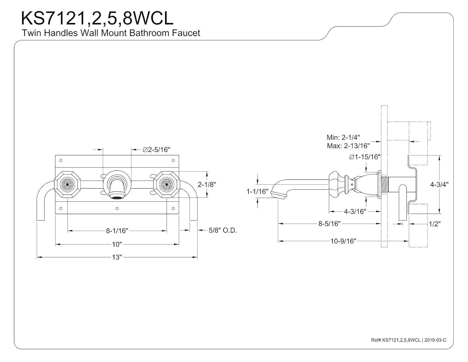 Kingston Brass Kingston Brass Celebrity Two-Handle 3-Hole Wall Mount Bathroom Faucet KS7122WCL