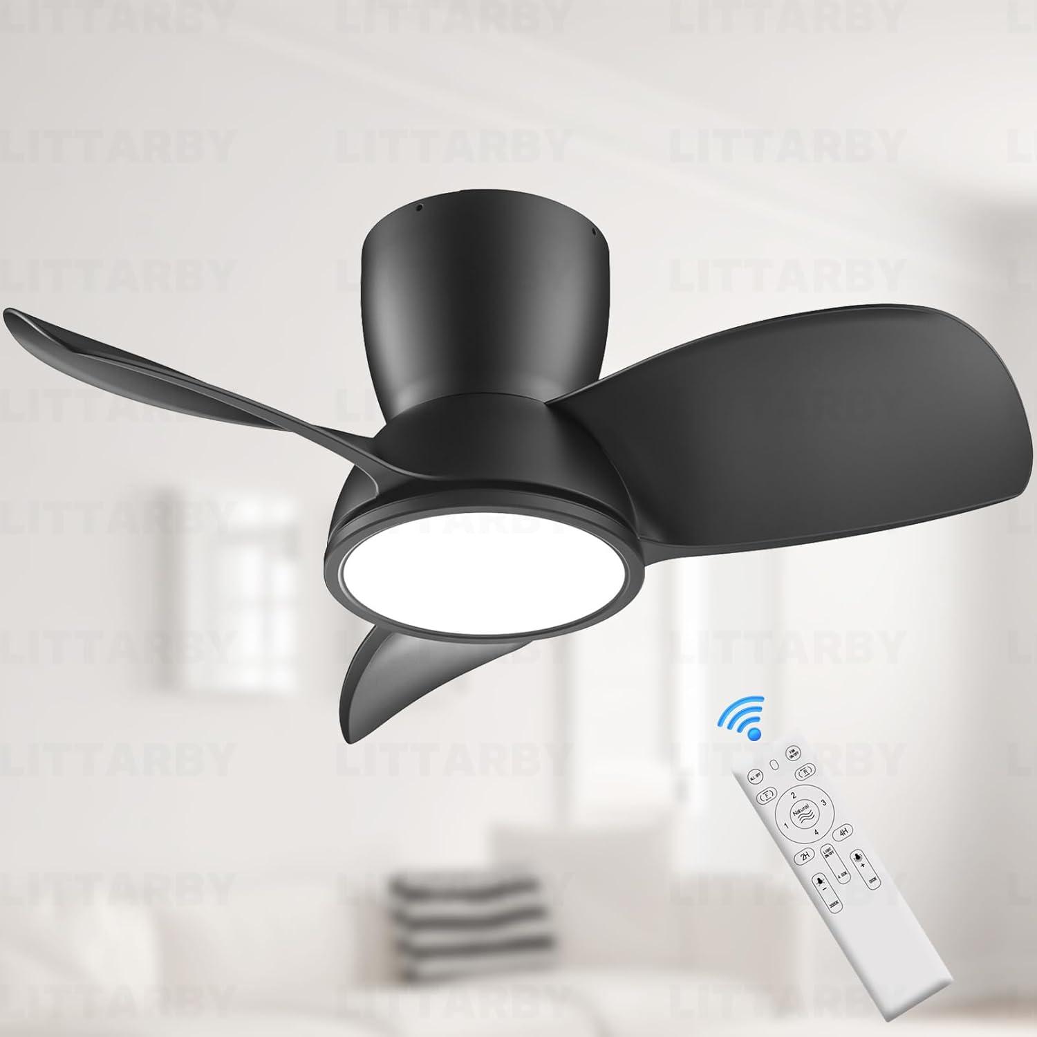 Ceiling Fans with Lights and Remote, 24 Inch Reversible Black Modern Dimmable 3CCT Flush Mount Ceiling Fans, Small Low Profile Ceiling Fan with Light for Bedroom, Kitchen, Living/Kids/Dining Room