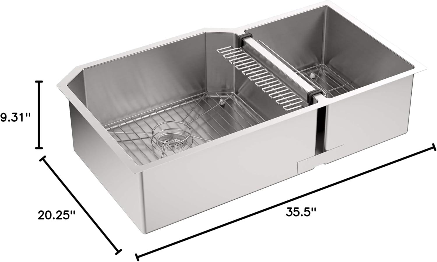 Strive 35-1/2" L x 20-1/4" W x 9-5/16" Under-Mount Extra-Large/Medium Double-Bowl Kitchen Sink with Basin Rack