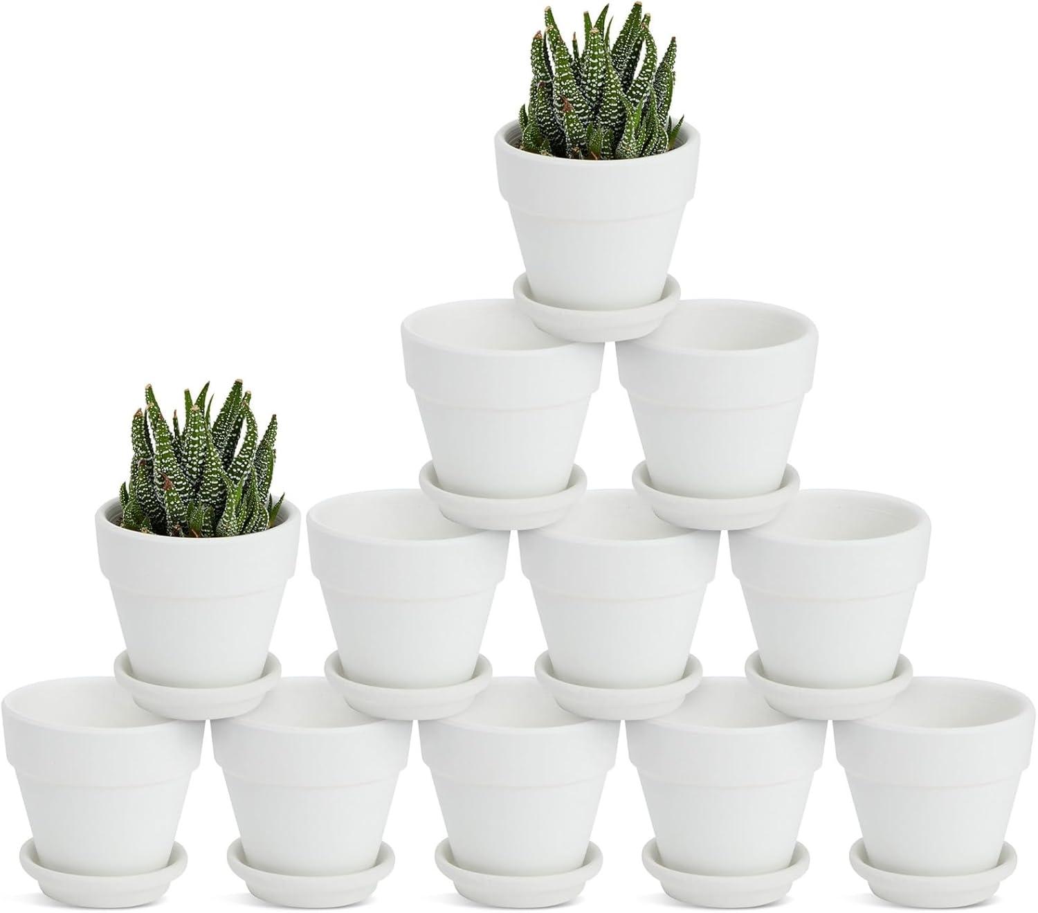 Juvale 12 Pack White Clay Mini Terracotta Pots with Saucers and Drainage Hole, Paintable Pottery for Succulents, Crafts, and Wedding Decor, 3 Inch