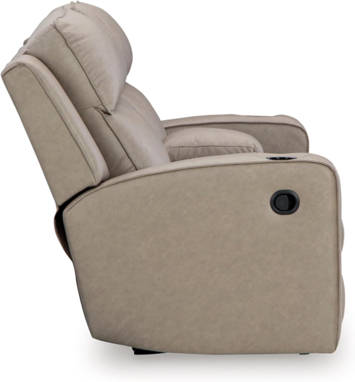 Beige Faux Leather Reclining Loveseat with Storage and Cup Holders