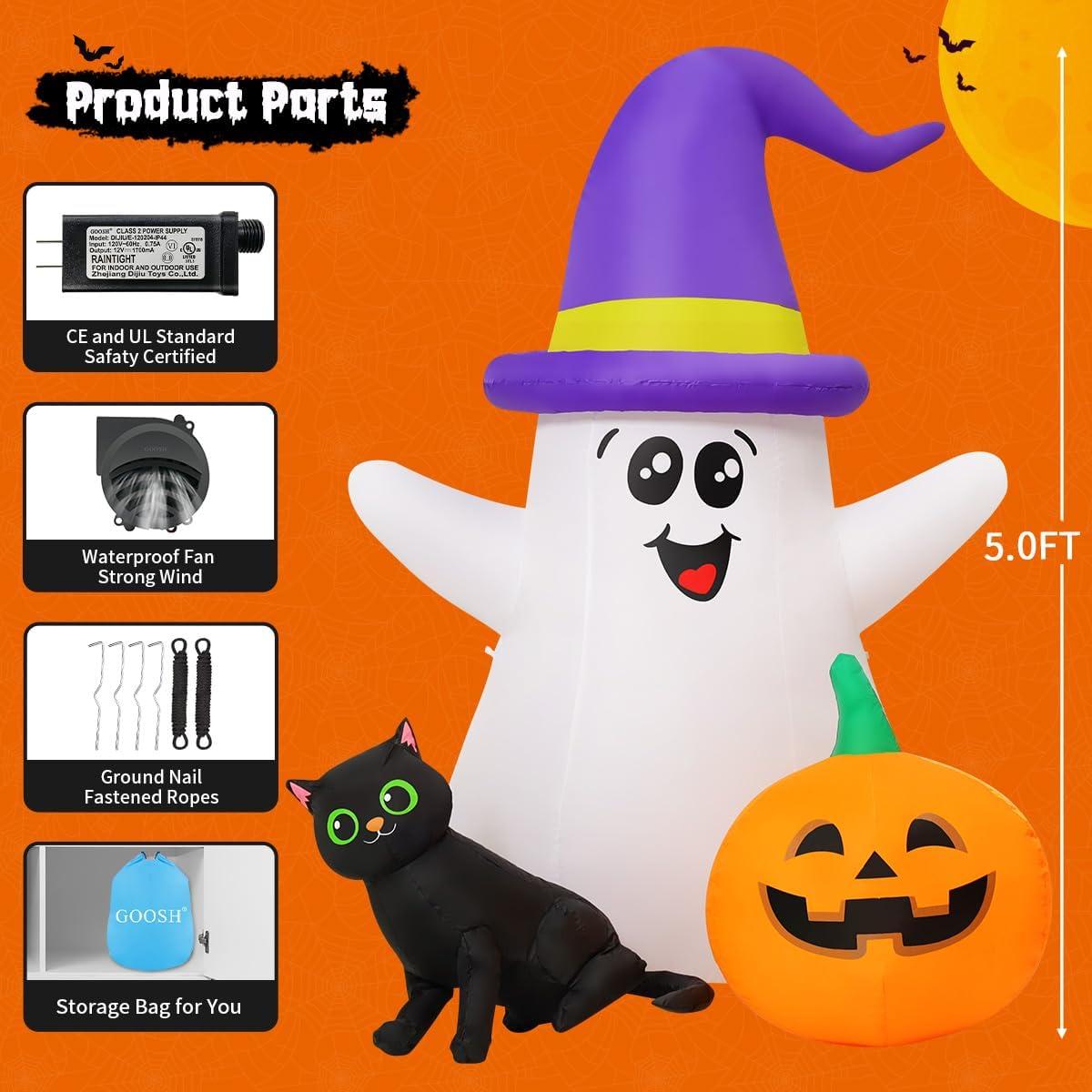 5 FT Halloween Inflatables Ghost Outdoor Decorations Blow Up Yard Cute Wizard Ghost With Pumpkin Black Cat With Built-In Leds For Garden Lawn Indoor Party Decor
