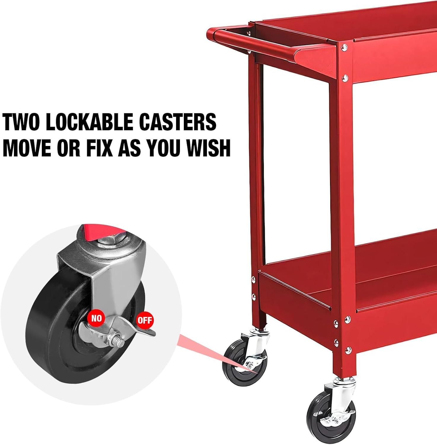 Red Heavy Duty 2-Shelf Steel Utility Cart with Swivel Casters