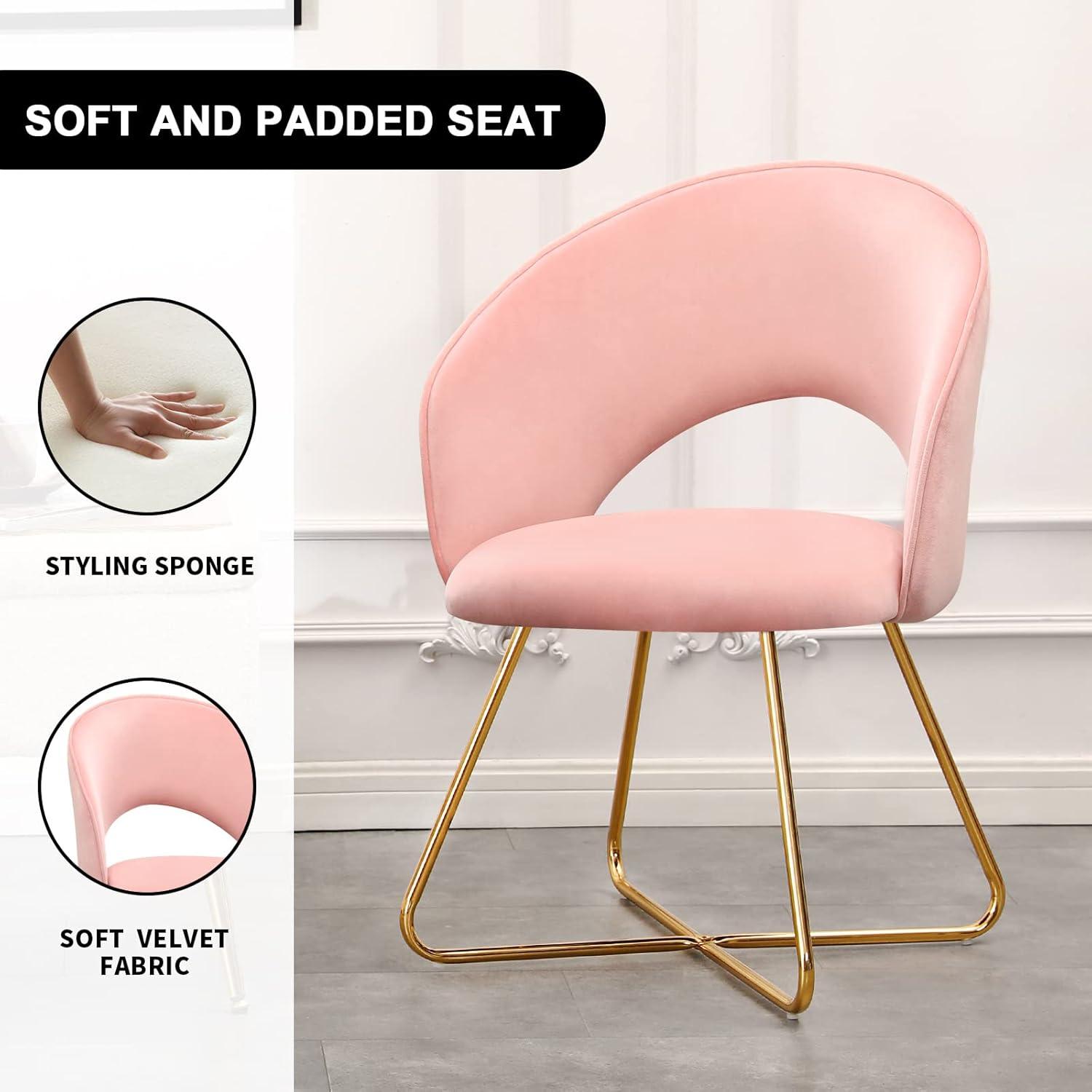 Furniliving  Velvet Upholstered Accent Chair Mid-Back Leisure Chairs Makeup Vanity Stool  , Pink