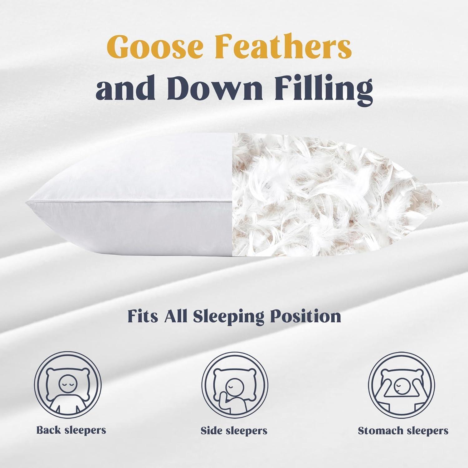 puredown® Goose Feathers Bed Pillows, 100% Cotton Cover, Queen Size Hotel Collection Pillows Set of 2 for Sleeping with Silver Piping, Feather and Polyester Filling
