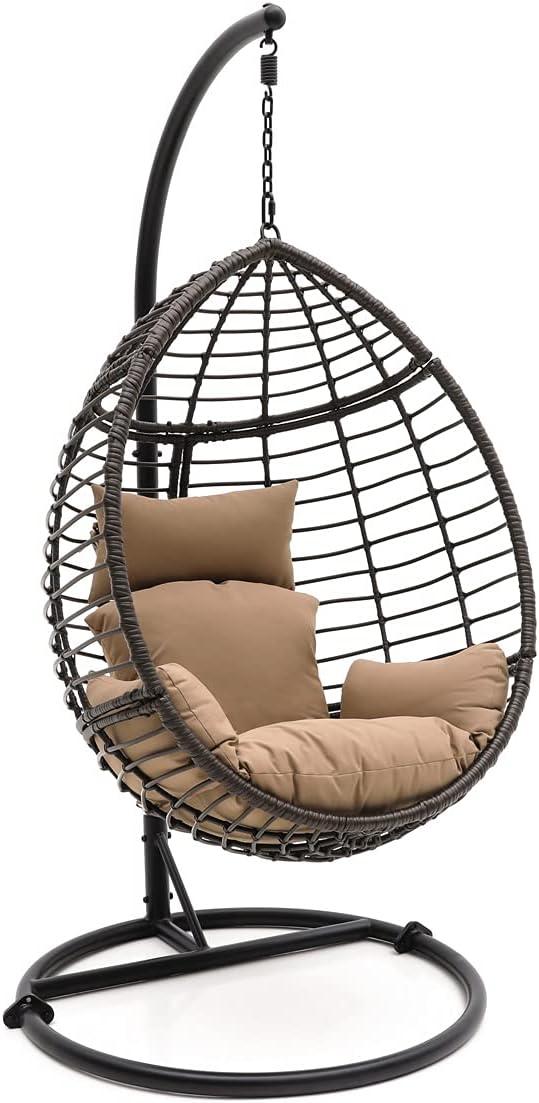 SereneLife Hanging Egg Indoor Outdoor Patio Wicker Rattan Lounge Chair with Stand - Brown