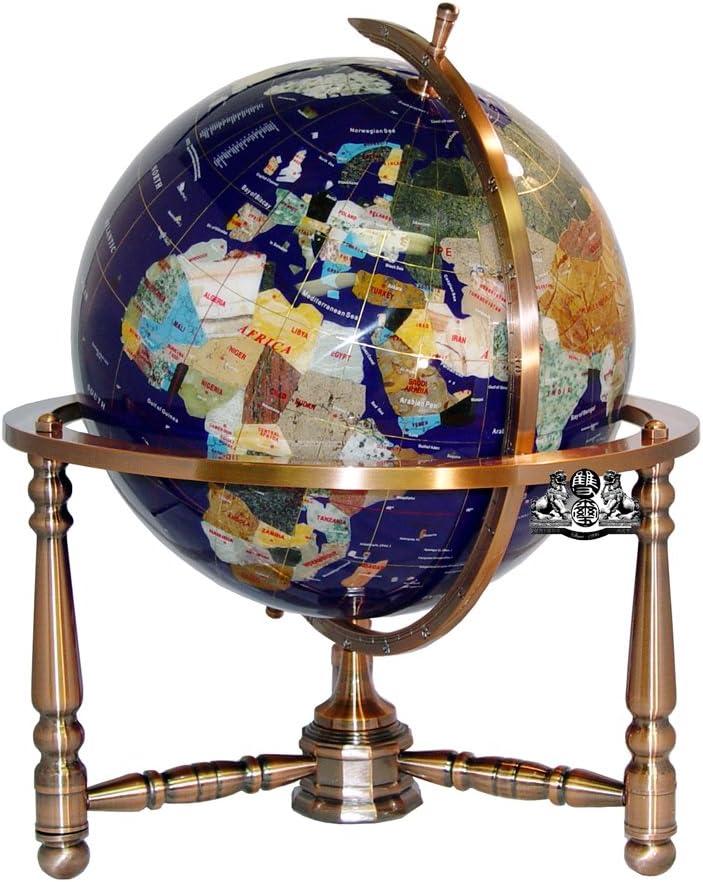 unique art 19-inch tall blue lapis ocean table top gemstone world globe with copper stand w usa divided state stones and divided canadian provincial stones