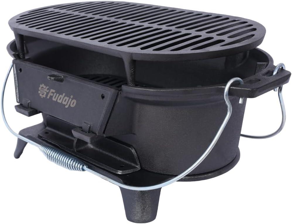 Cast Iron Hibachi Grill – Portable Charcoal BBQ for Outdoor Cooking, Durable Tabletop Skillet, Compact Camping Charcoal Cooker for Tailgating, Picnics & Hunting (Oval)