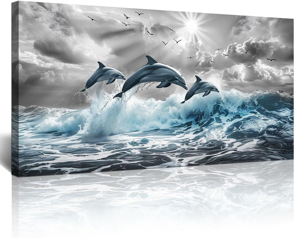 Chilfamy Wall Decorations For Living Room Canvas Wall Art For Bedroom Blue Waves Of The Sea Wall Pictures Artwork Office Canvas Art Print Dolphins Wall Paintings Ready To Hang Home Decor 20x16 Inch