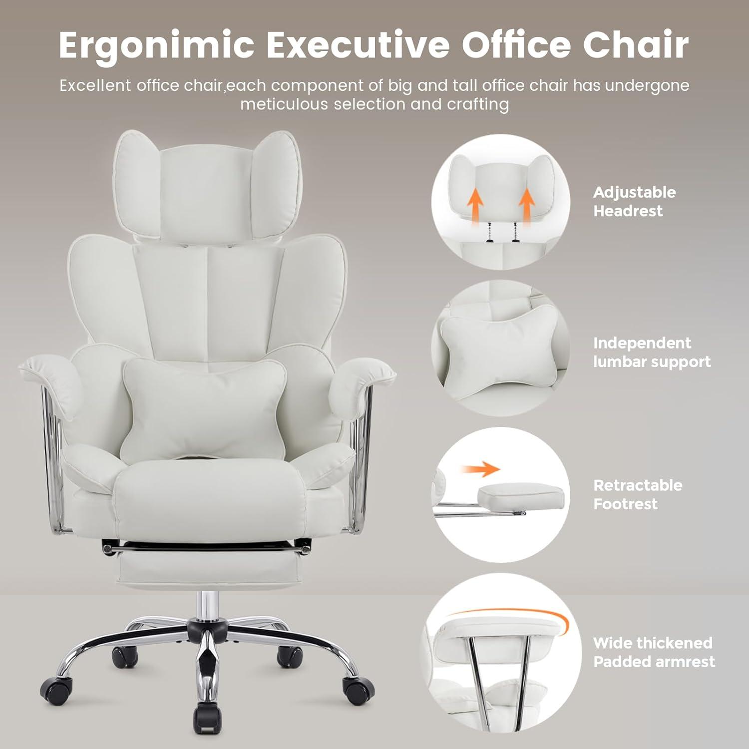 Back PU Leather Office Chair, Big and Tall Executive Desk Chair with Footrest & Lumbar Cushion, Lifting Headrest Ergonomic Computer Chair, Managerial Chair with Wide Seat & Armrests,White