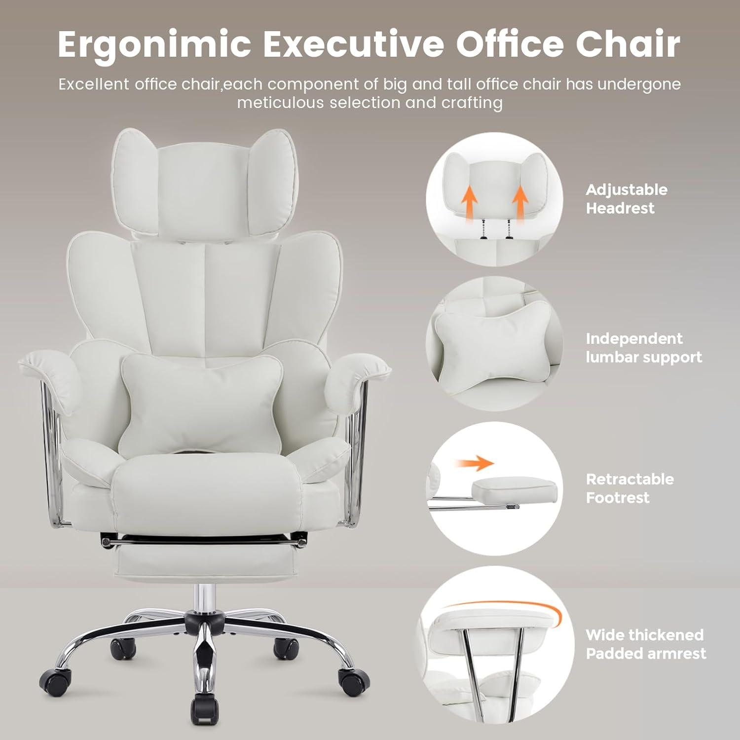 Back PU Leather Office Chair, Big and Tall Executive Desk Chair with Footrest & Lumbar Cushion, Lifting Headrest Ergonomic Computer Chair, Managerial Chair with Wide Seat & Armrests,White