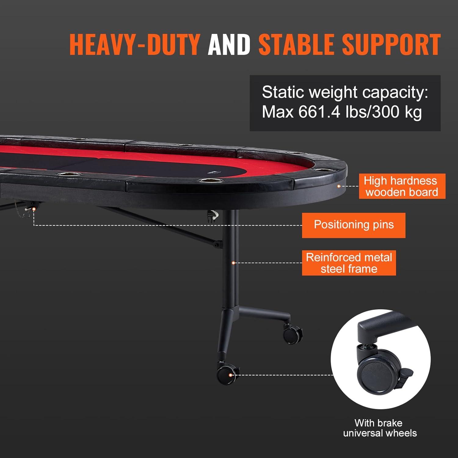 VEVOR 90.2'' 10 - Player Red Foldable Poker Table