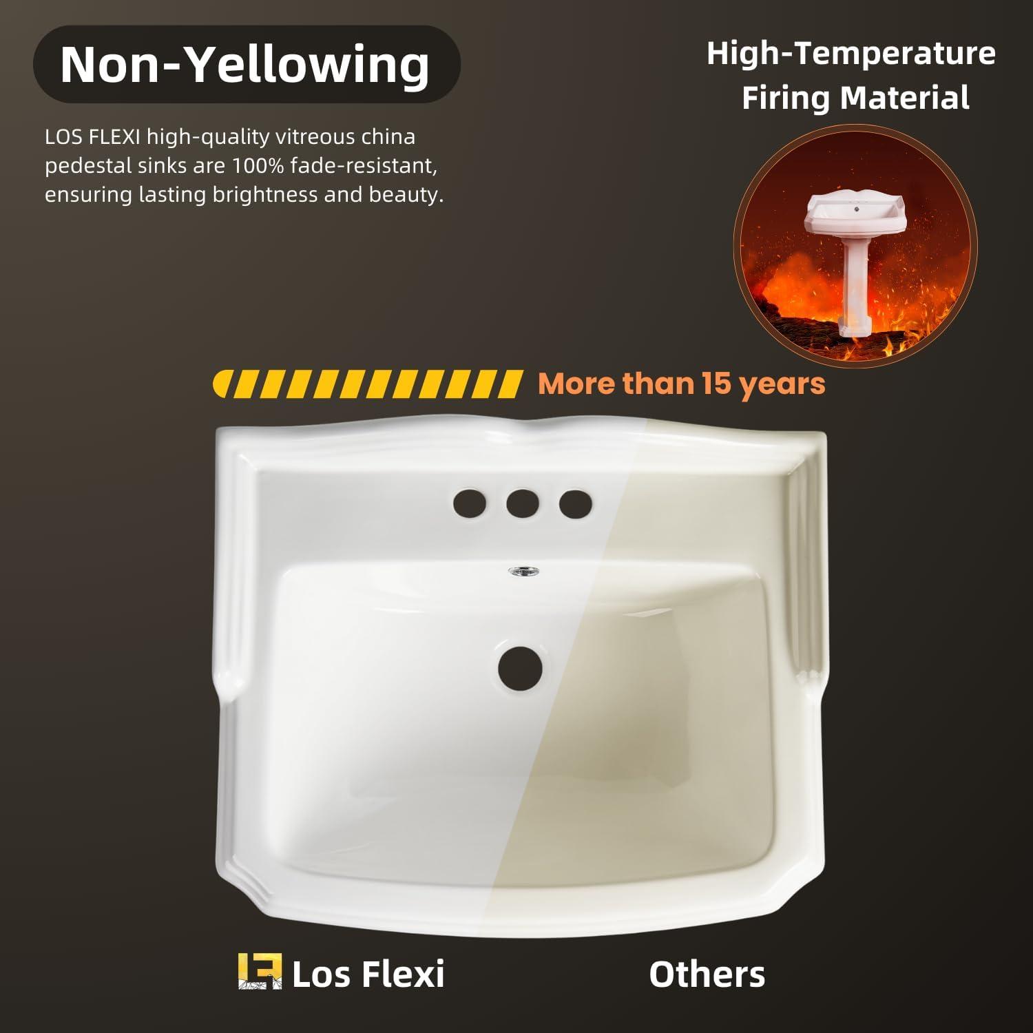 Classic Vintage Bathroom Pedestal Sink, Los Flexi 23"W x 19"D White Ceramic Freestanding Sinks for bathrooms, Overflow, 3 Pre-Drilled Holes for 4-Inch Faucets, Easy Install