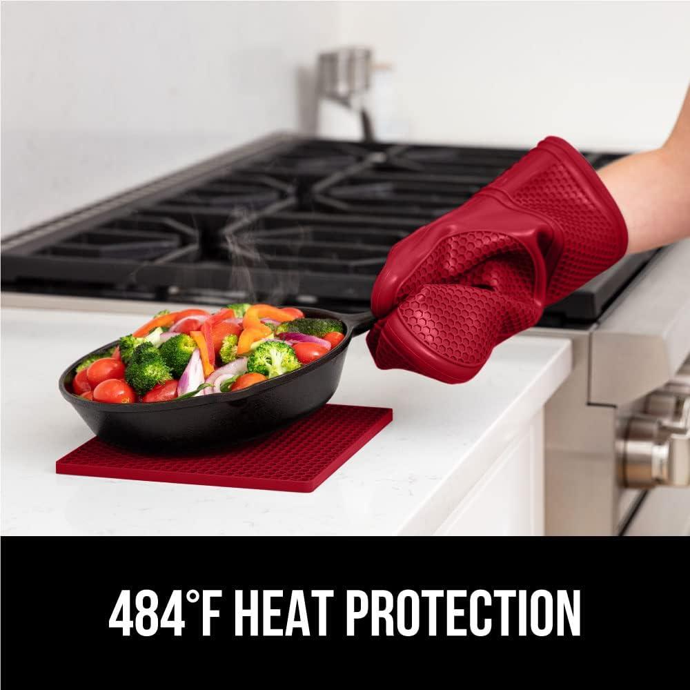 Gorilla Grip Heat and Slip Resistant Silicone Oven Mitts and Trivet Set, Waterproof, BPA-Free Set of 4, Red