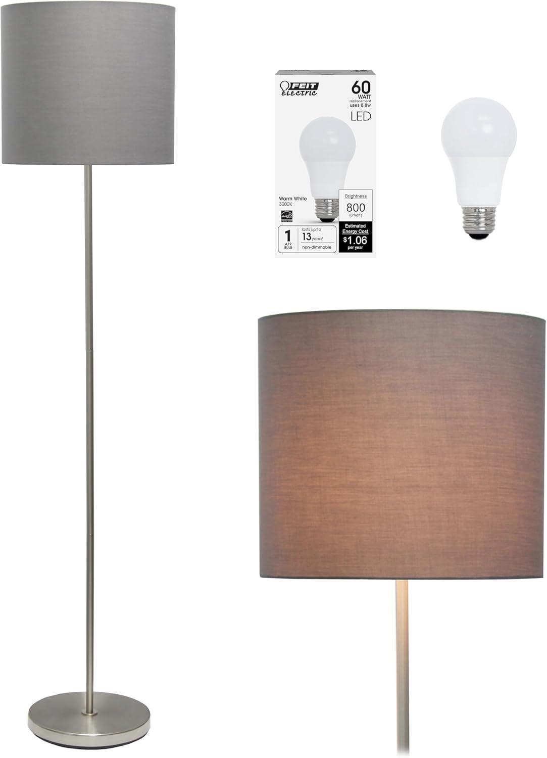 Simple Designs Drum Shade Floor Lamp Gray : Brushed Nickel Finish, Cotton Shade, ETL Listed, Modern Decor