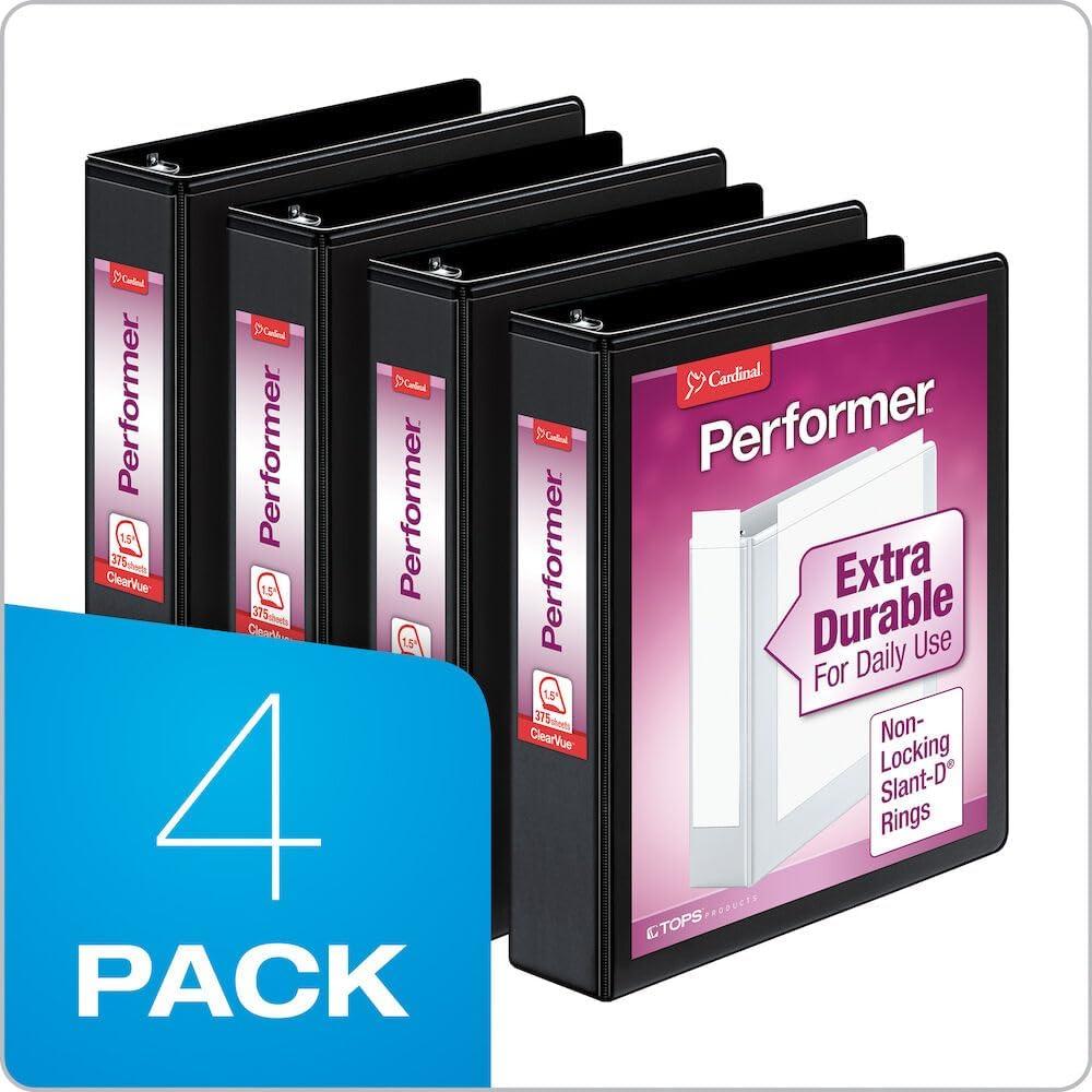 Cardinal Performer ClearVue Slant-D Ring Binder, 3 Rings, 5" Capacity, 11 x 8.5, Black