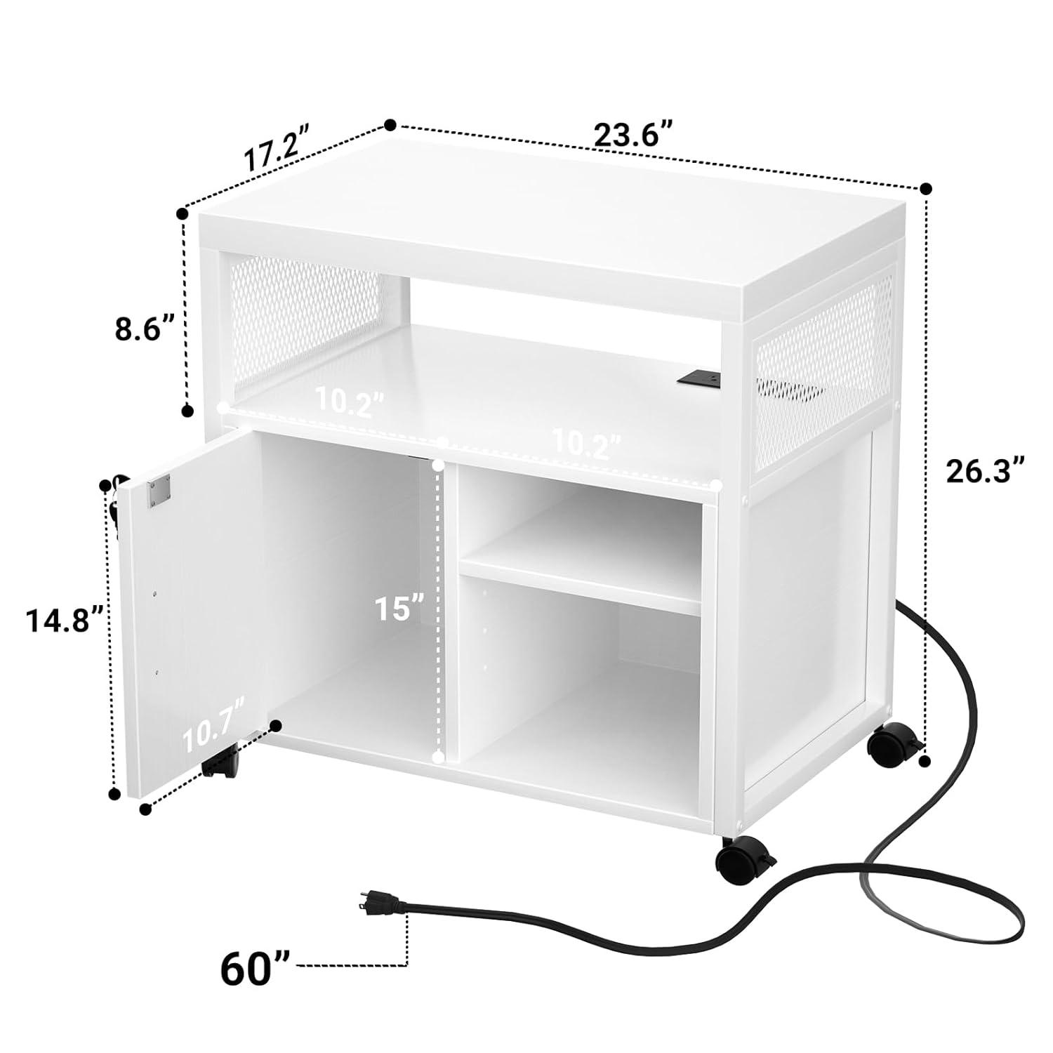 Unikito Rolling File Cabinet Lateral Office Filing Cabinets with Socket and USB Charging Port, Modern Printer Stand on Wheels, Printer Cabinet with Door and Open Storage, Lockable, White