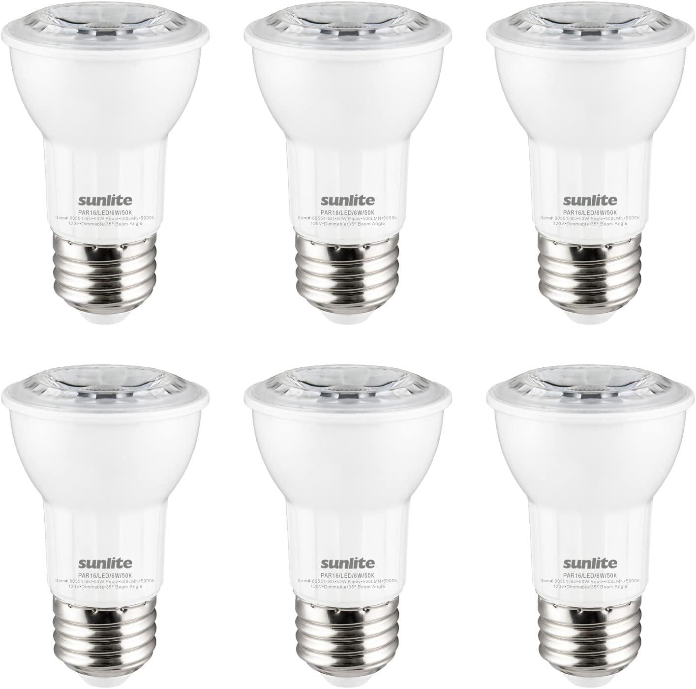 Sunlite LED PAR16 Reflector Light Bulb, 6 Watts (50W Equivalent), Medium E26 Base, Dimmable,ETL Listed, 5000K Daylight, 6-Pack