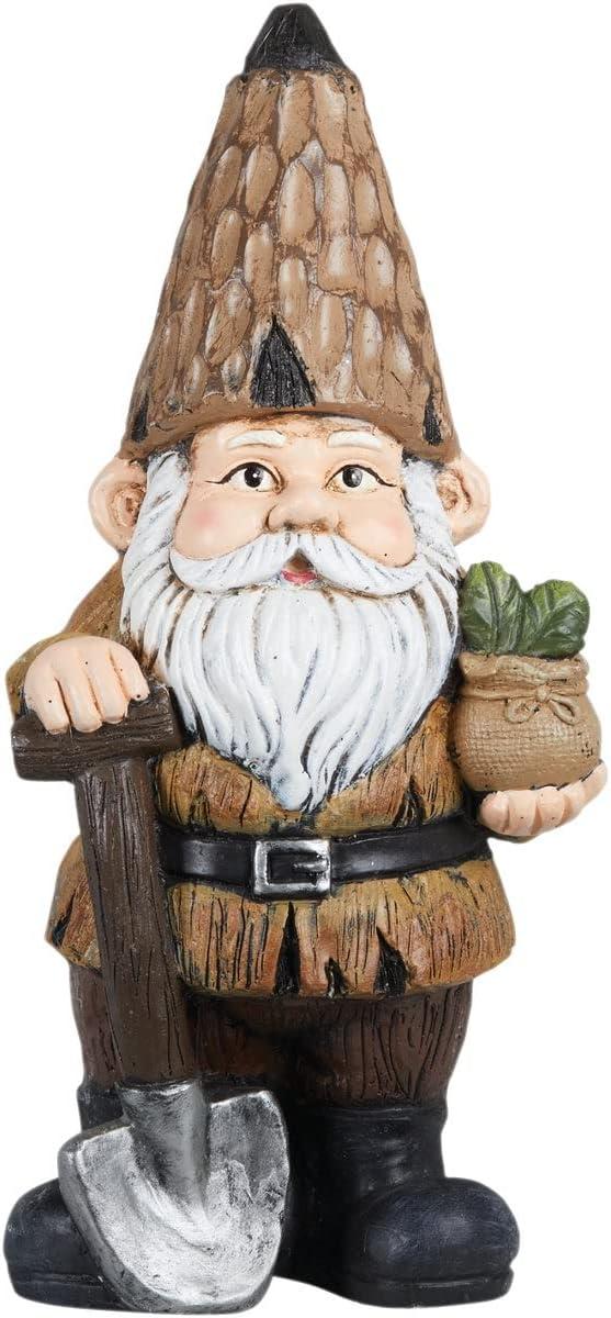 Alpine Corporation 7" x 6" x 16" Polystone Gnome with Shovel Garden Statue, Brown