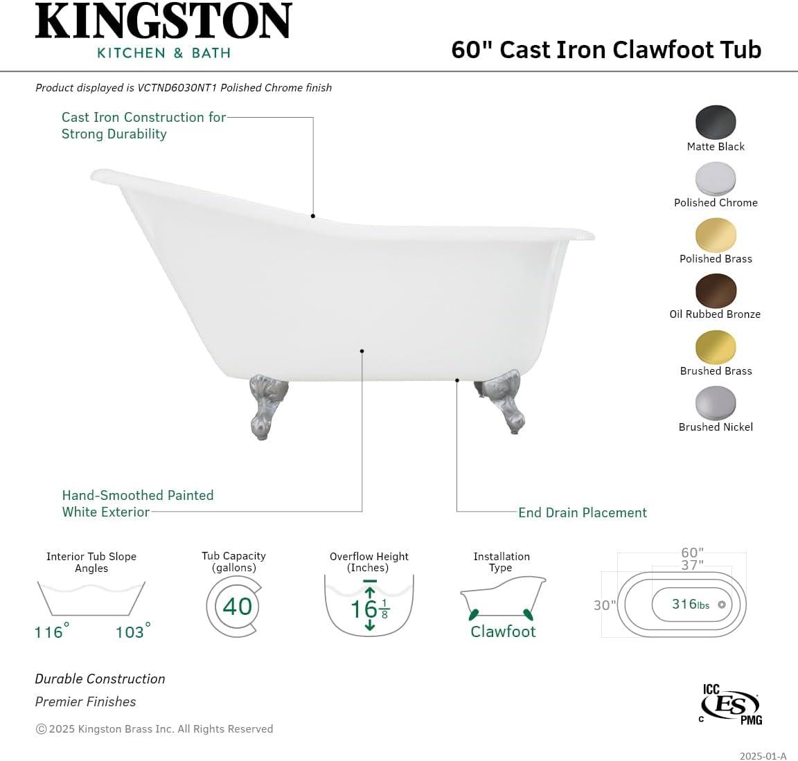 Kingston Brass Aqua Eden 60-Inch Cast Iron Oval Single Slipper Clawfoot Tub (No Faucet Drillings)