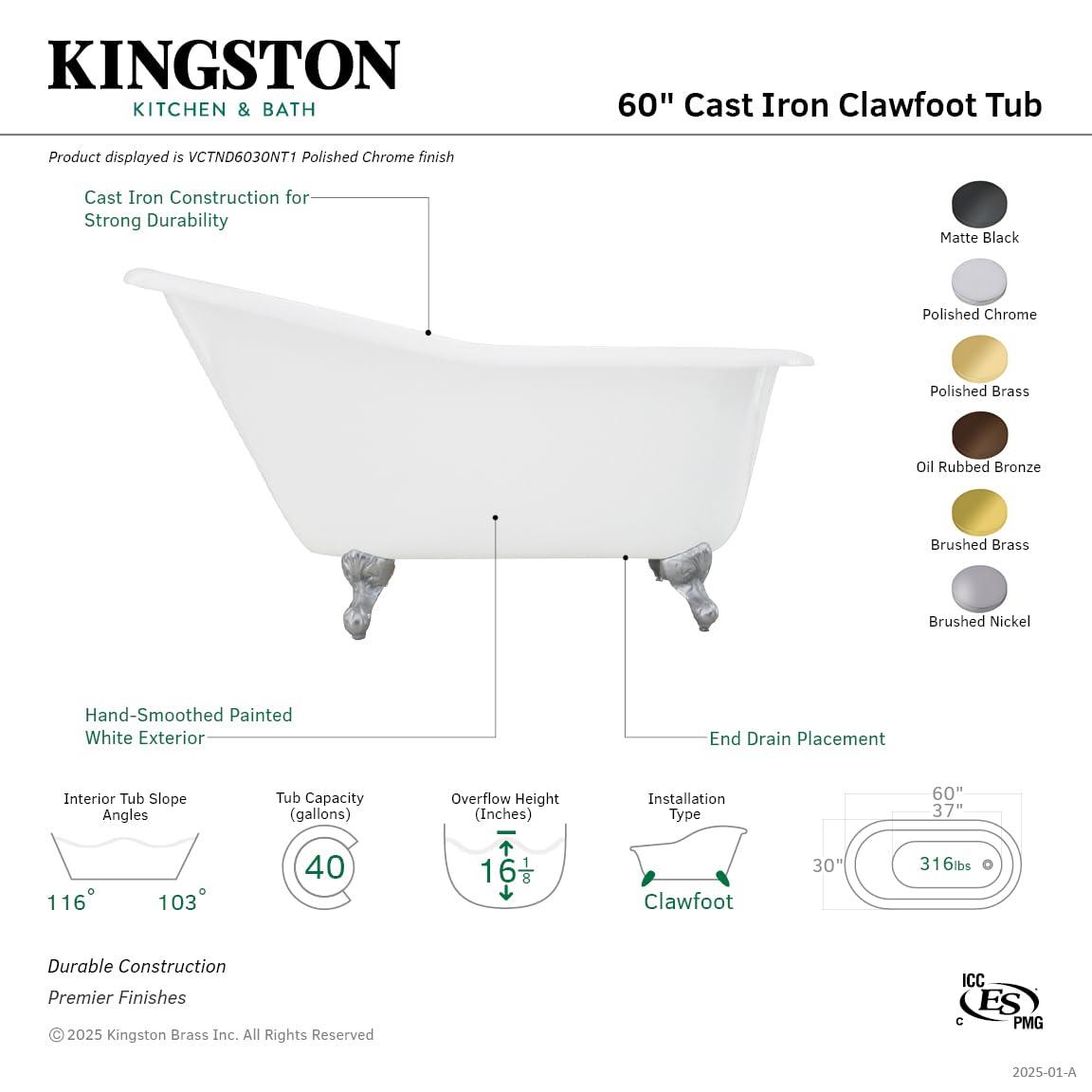 Kingston Brass Aqua Eden 60-Inch Cast Iron Oval Single Slipper Clawfoot Tub (No Faucet Drillings)
