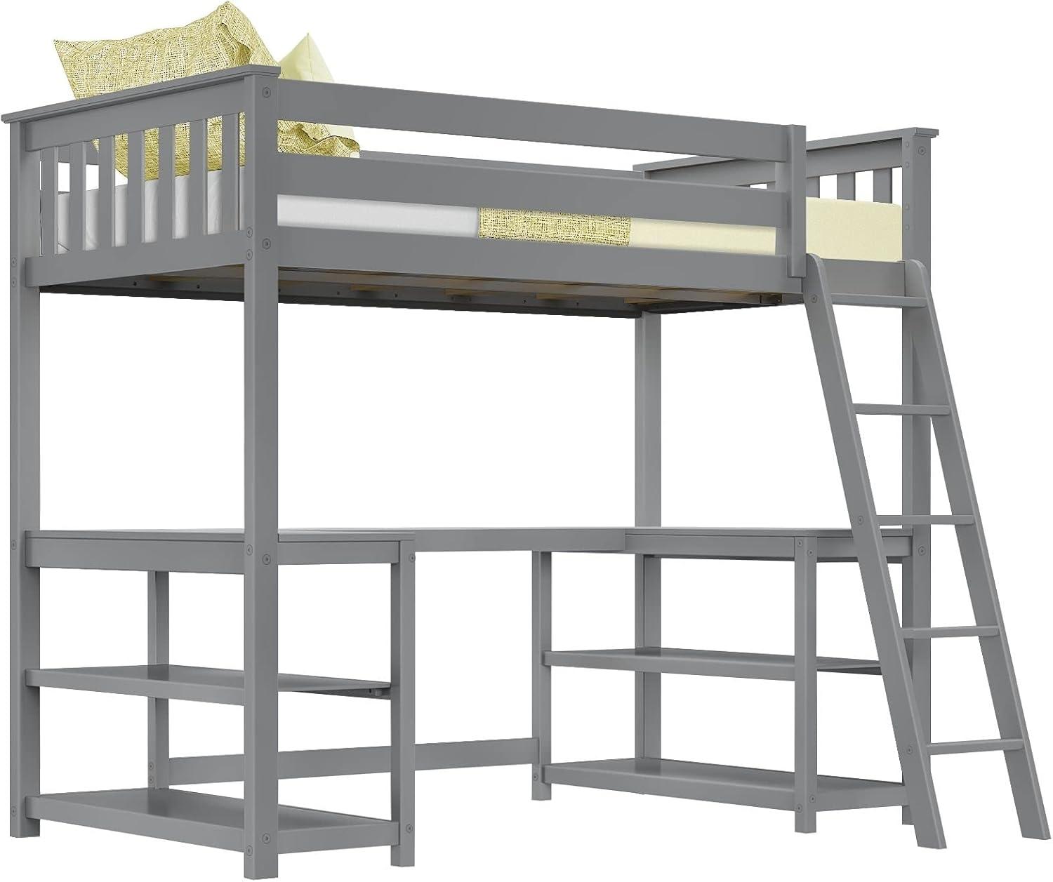 Max & Lily Loft Bed, Solid Wood Twin High Loft Bed with Bookcase and Desk for Kids, White