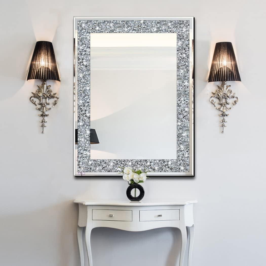 Crystal Crush Diamond Frameless Rectangular Bathroom Mirror 24x32 Inch