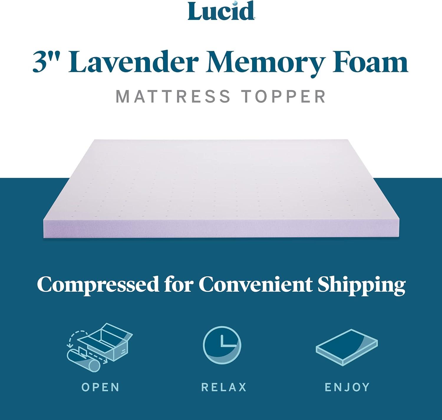 LUCID 3 Inch Lavender Infused Memory Foam Mattress Topper - Ventilated Design - Queen Size