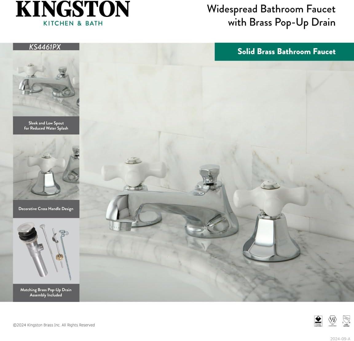 Kingston Brass Metropolitan Two-Handle 3-Hole Deck Mount Widespread Bathroom Faucet with Brass Pop-Up Drain