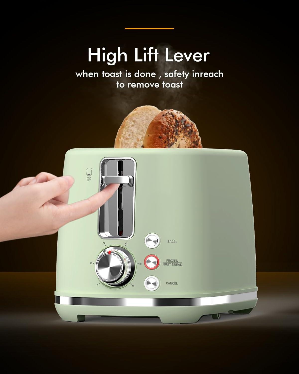 LONGDEEM 2 Slice Toaster, 6 Settings, Extra Wide Slots, High Lift, Auto Shutoff, Pastel Green, New