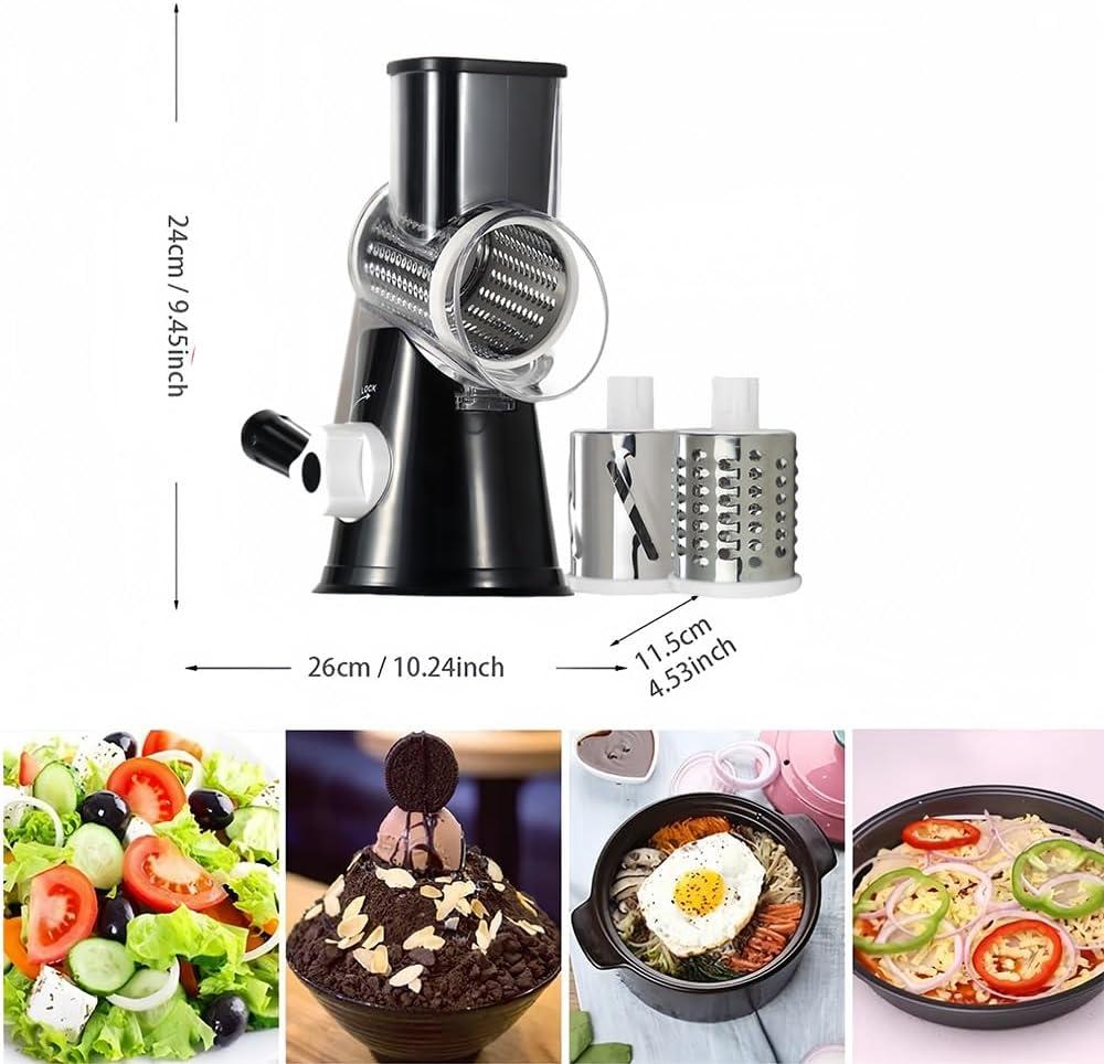 Rotary Cheese Grater Cheese Shredder - Kitchen Manual Cheese Grater with Handle Vegetable Slicer Nuts Grinder 3 Replaceable Drum Blades and Strong Suction Base Free Cleaning Brush