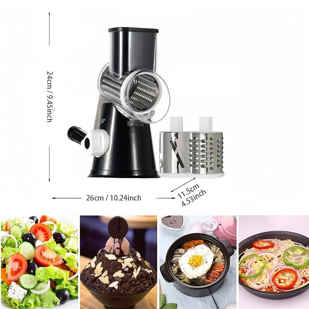 Rotary Cheese Grater Cheese Shredder - Kitchen Manual Cheese Grater with Handle Vegetable Slicer Nuts Grinder 3 Replaceable Drum Blades and Strong Suction Base Free Cleaning Brush