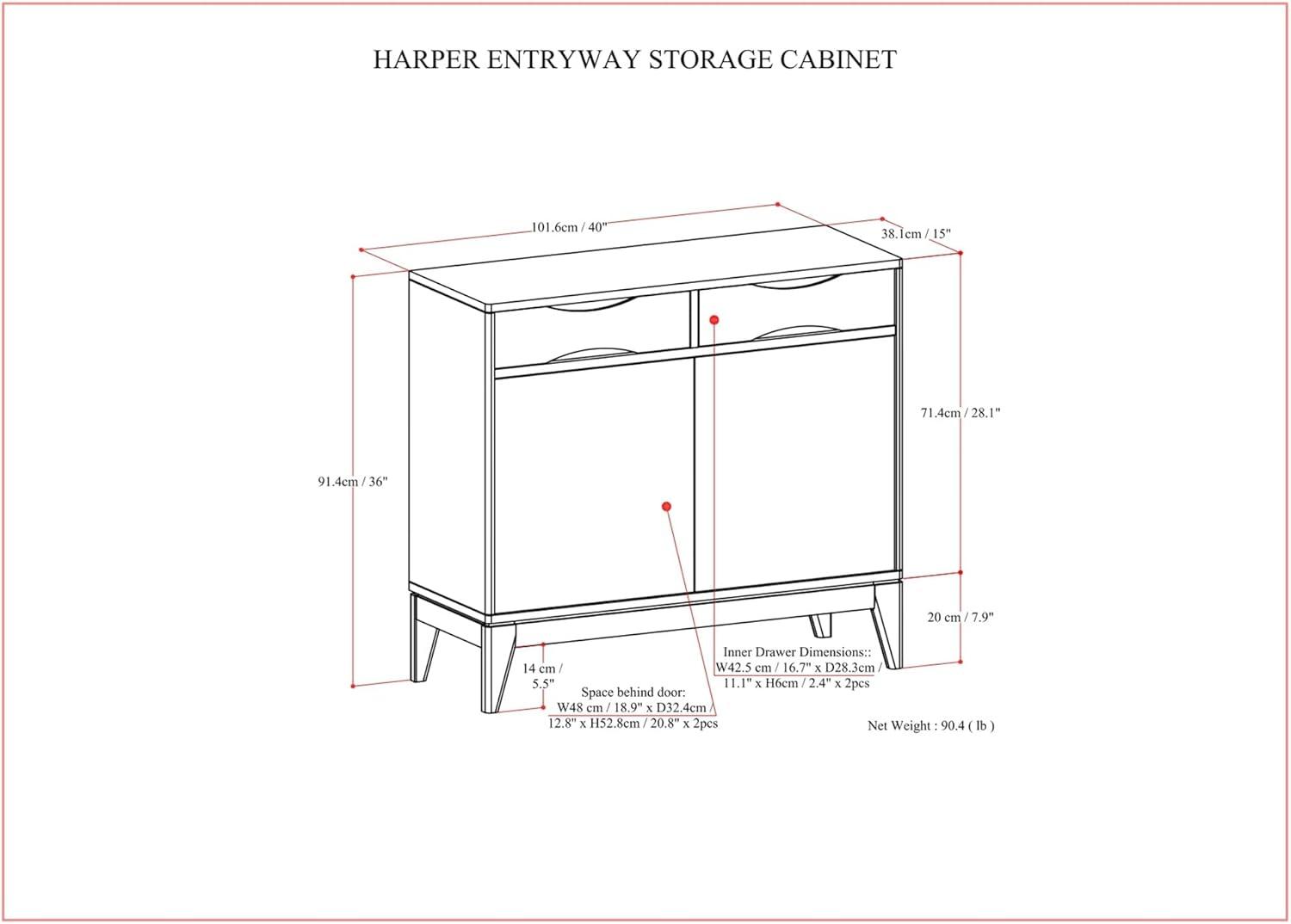 Simpli Home Harper 40"W Solid Wood 2-Shelf Mid-Century Modern Entryway Storage Cabinet with 2 Drawers