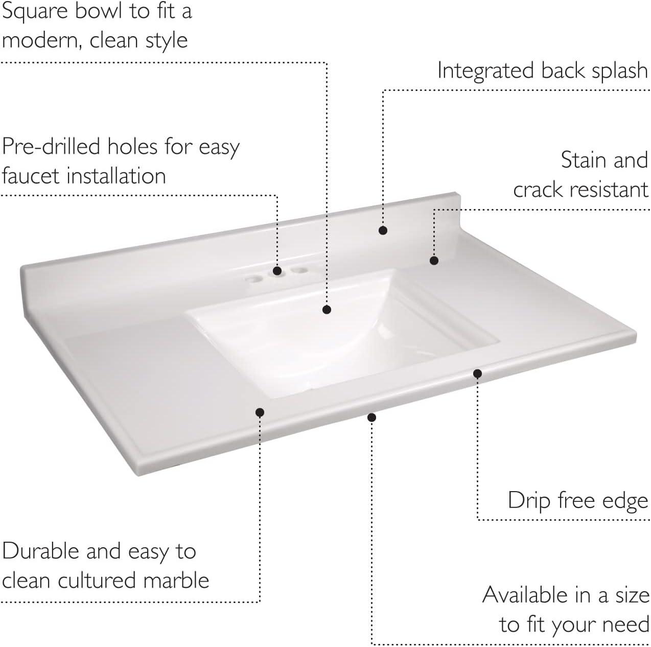 Design House 557645-WHT 37-inch Camilla Cultured Marble Centerset Mount Rectangle Single Bowl Vanity Top with Integrated Backsplash, Solid White