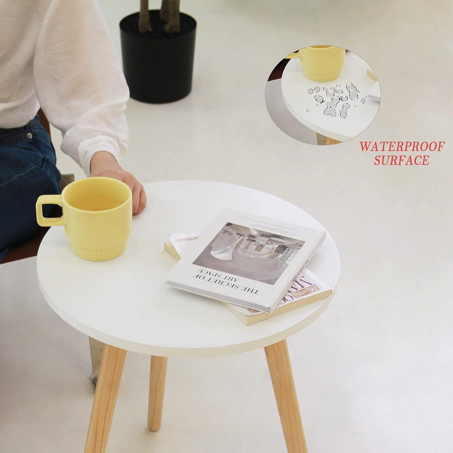 White Round MDF Side Table with Wooden Legs