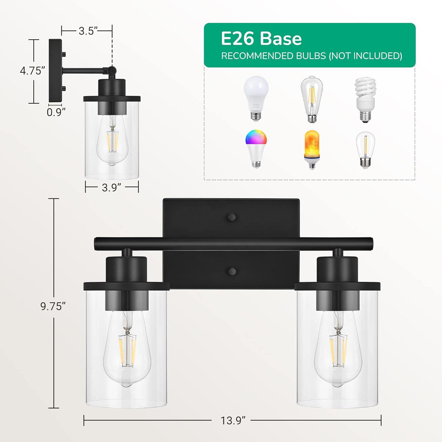 EDISHINE Modern 2-Light Black Bathroom Vanity Lights over Mirror for Bathroom, Vanity Table, E26 Bulb Base