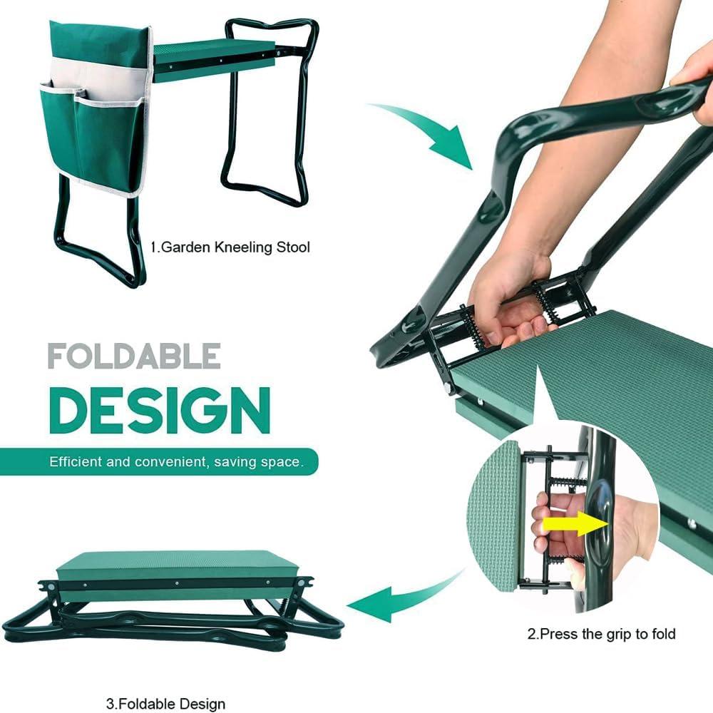 Garden Kneeler and Seat,with 2 Tool Bags Pouches and Claw Gloves,Portable Lightweight Bench Thicken EVA Foam Pad Sturdy Steel Pipe Practical Garden Tools(Green)