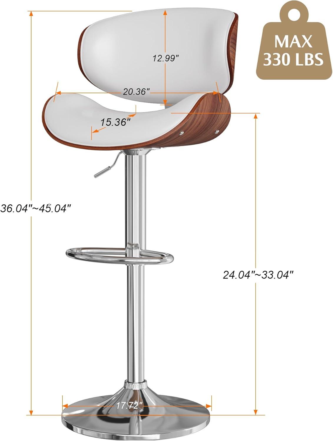 Bar Stools Set of 2, Bentwood Adjustable Height Swivel Bar Stools, PU Leather Upholstered Bar Chair with Back and Footrest for Bar, Kitchen, Dining Room, White