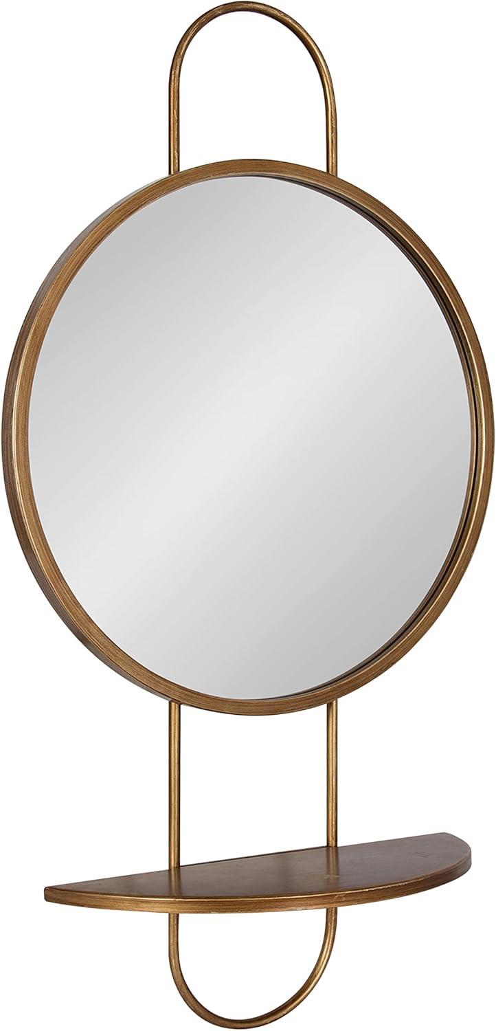 Gold Round Mirror with Wood Shelf, 19" x 33"