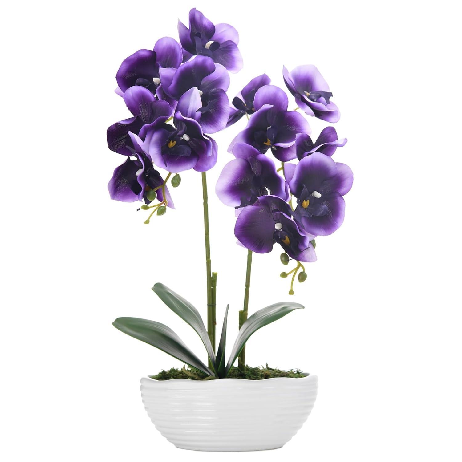 Large Artificial Potted Orchid Plant, Silk Flower Arrangement with Ceramics Vase, Deep Purple