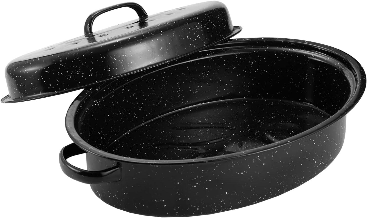 Granite Roasting Pan, Medium 16” Enameled Roasting Pan with Domed Lid. Oval Turkey Roaster Pot, Broiler Pan Great for Small Turkey, Chicken, Ham, Dishwasher Safe Fit for Roast 12Lb Bird by