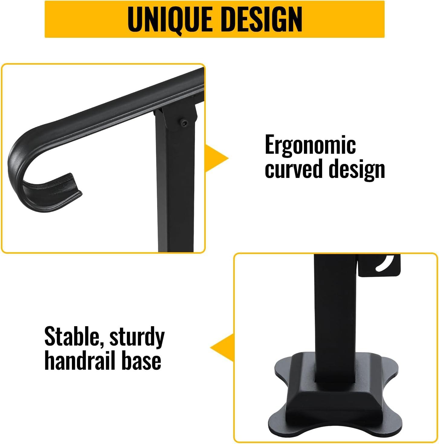 HLL Handrails for Outdoor Steps, Black Wrought Iron Handrail Fits 4 or 5 Steps, Transitional Handrail with Installation Kit, Stair Railing for Concrete Steps or Wooden Stairs
