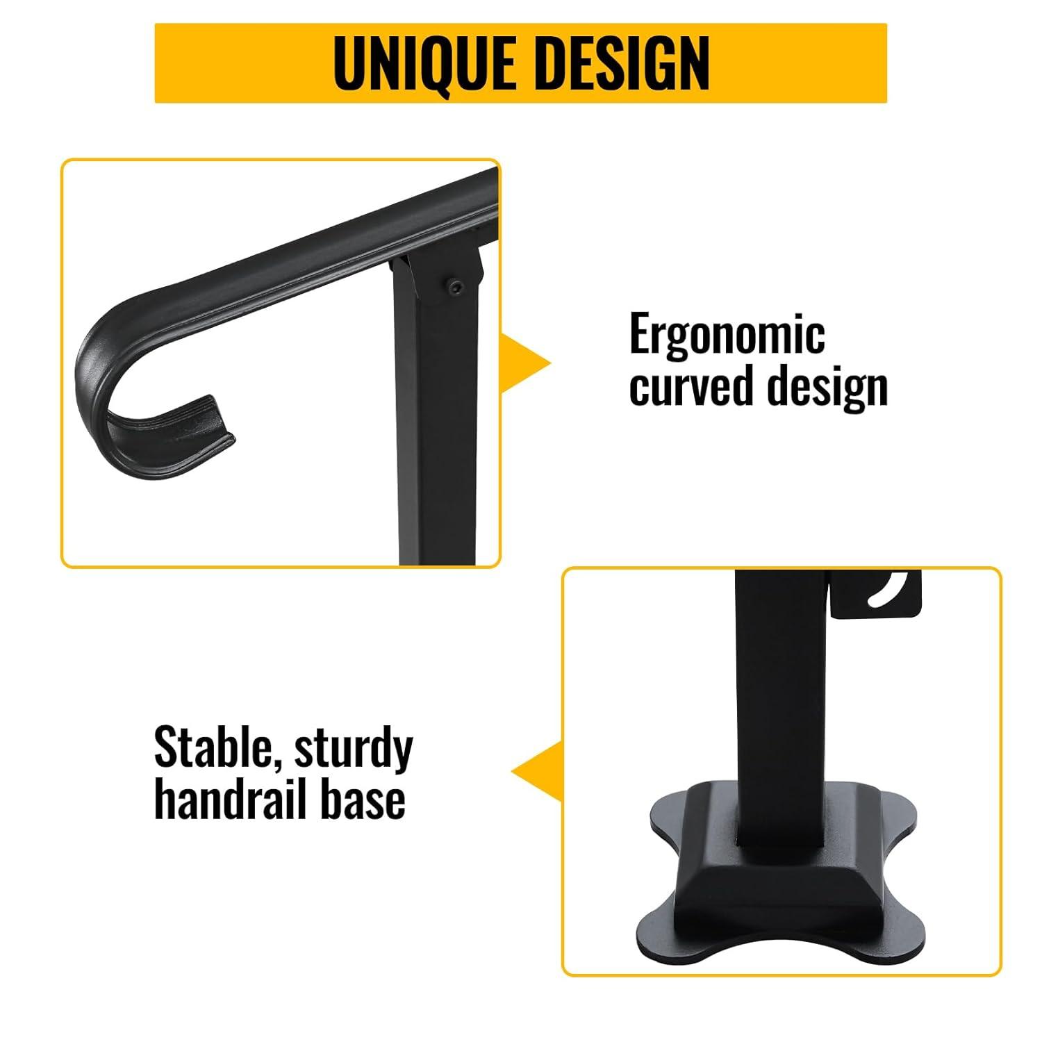HLL Handrails for Outdoor Steps, Black Wrought Iron Handrail Fits 4 or 5 Steps, Transitional Handrail with Installation Kit, Stair Railing for Concrete Steps or Wooden Stairs
