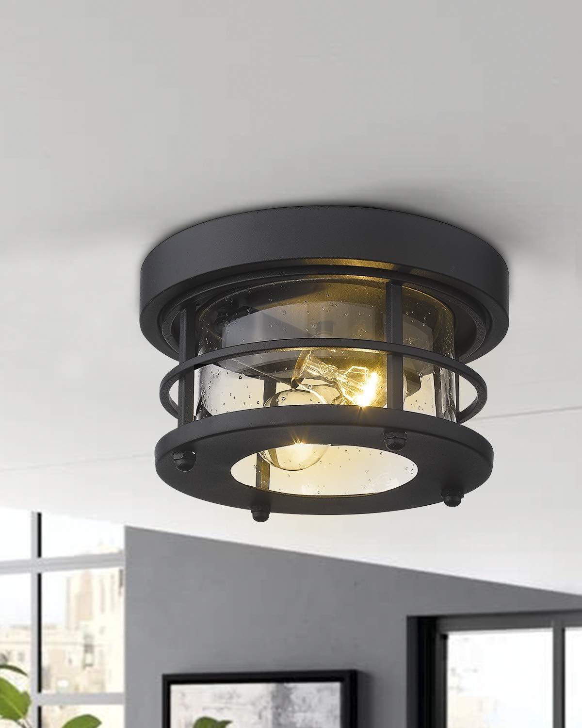 Black Metal and Seeded Glass Round Ceiling Light Fixture