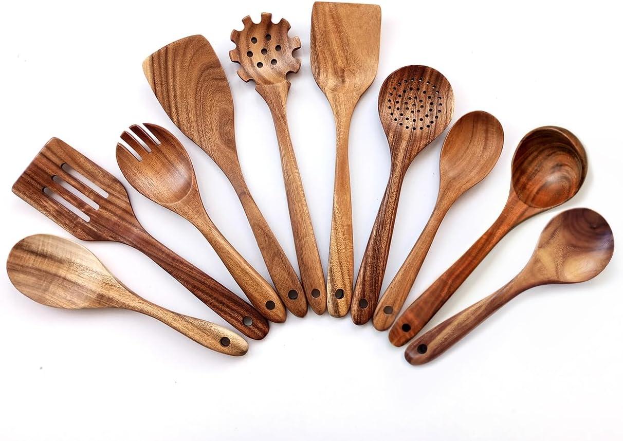 Wooden Spoons for Cooking, 10 Pcs Teak Wood Cooking Utensil Set ‚ Wooden Kitchen Utensils for Nonstick Pans & Cookware ‚ Sturdy, Lightweight & Heat Resistant