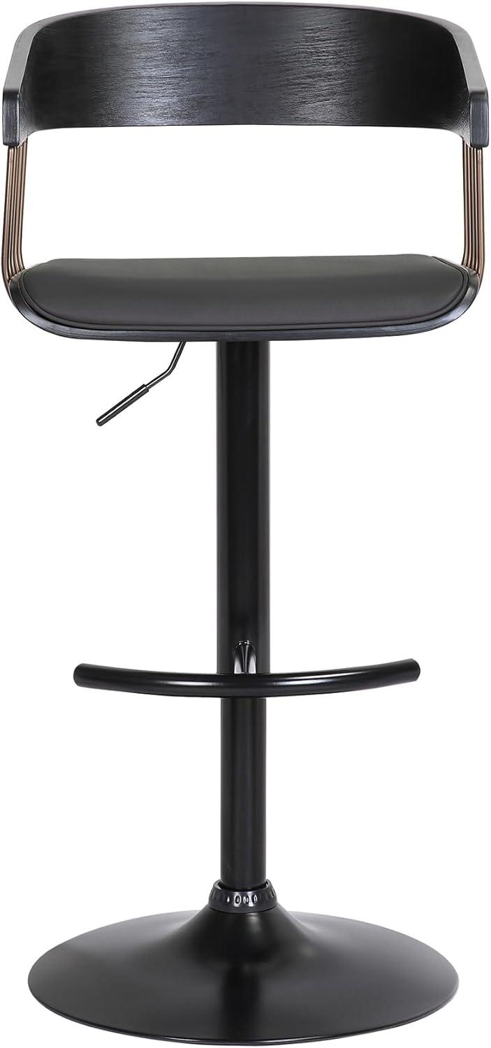 Larisa Adjustable Black Wood Bar Stool in Black Faux Leather with Golden Bronze and Black Metal