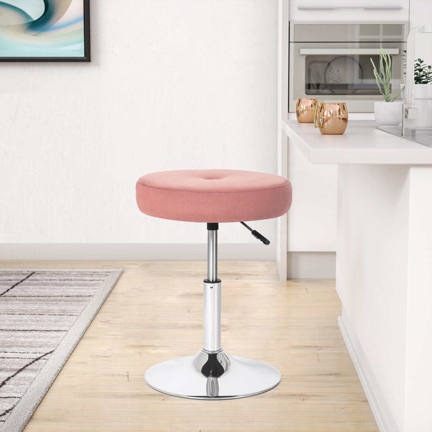 16” Round Adjustable Vanity Stool, Pink Vanity Chair for Makeup Room, Modern Vanity Chair with Velvet Fabric & Metal Base.
