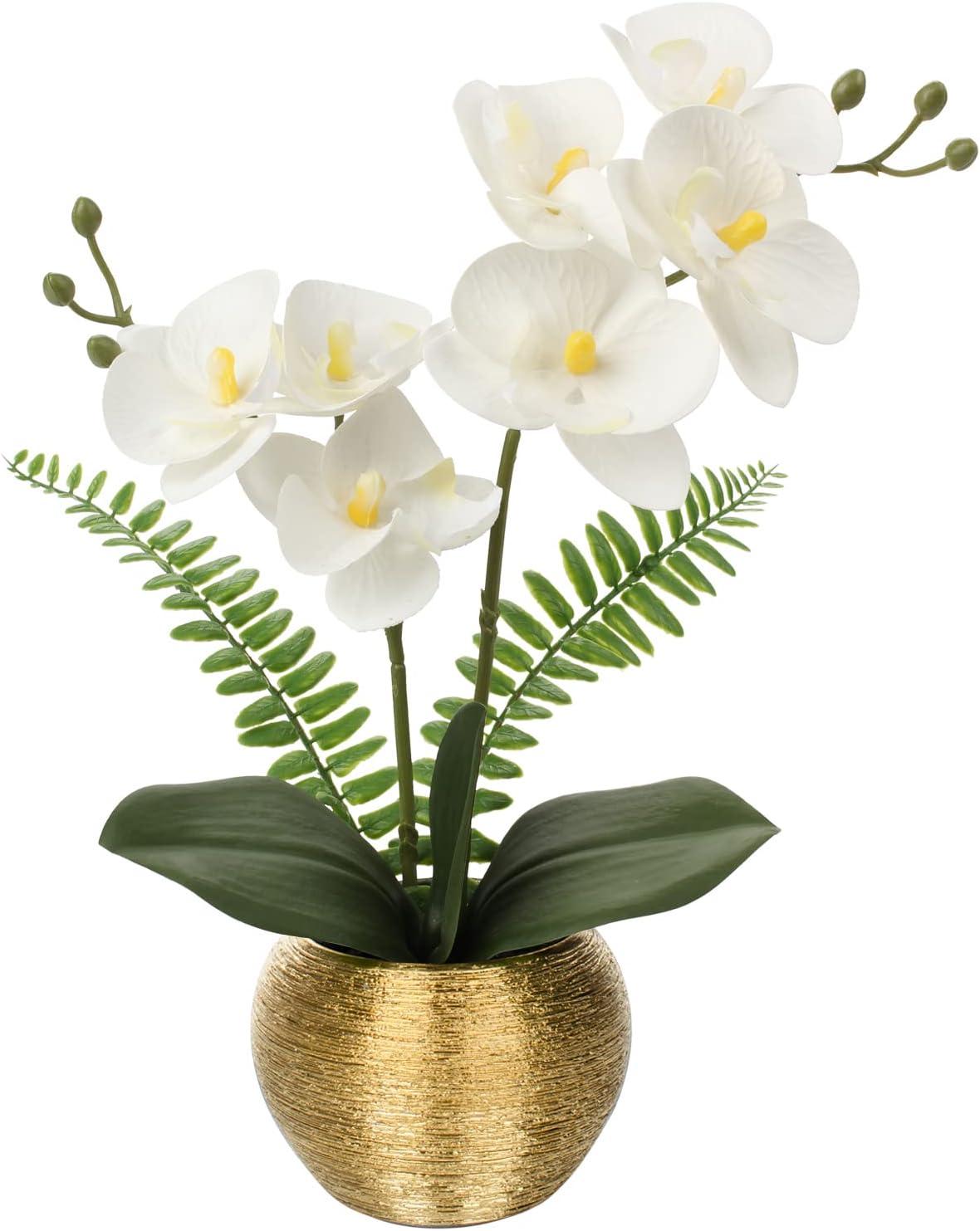 Briful Orchids Artificial Flowers 13'' Fake Orchid Flowers in Gold Ceramic Vase Silk Phalaenopsis White Orchid Flowers for Home Office Wedding Party Table Centerpiece Decor