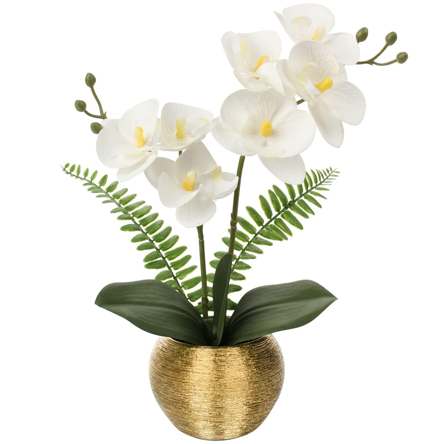 Briful Orchids Artificial Flowers 13'' Fake Orchid Flowers in Gold Ceramic Vase Silk Phalaenopsis White Orchid Flowers for Home Office Wedding Party Table Centerpiece Decor