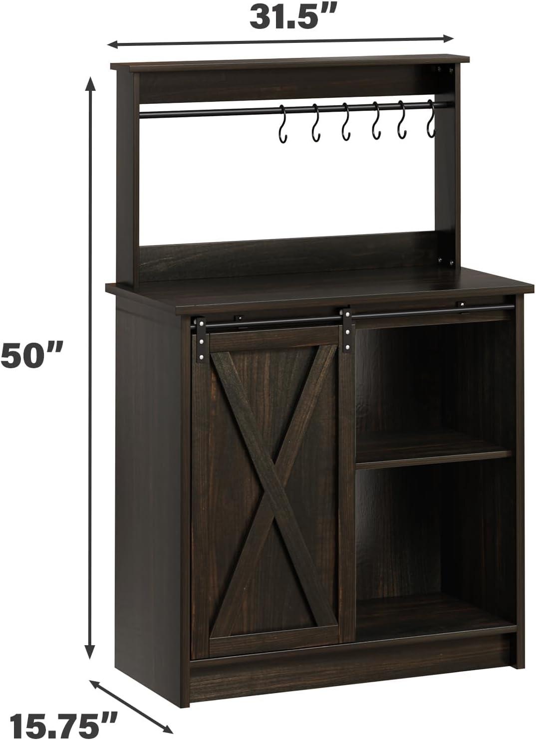 Dark Oak Farmhouse Coffee Bar Cabinet with Hutch and Sliding Barn Door